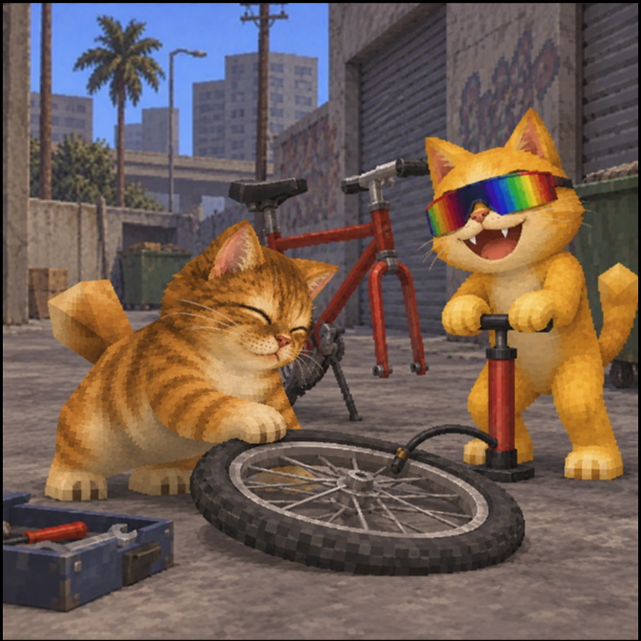 Smiling DOCA repairs a bicycle wheel with an orange cat wearing rainbow sunglasses and using a tire pump.