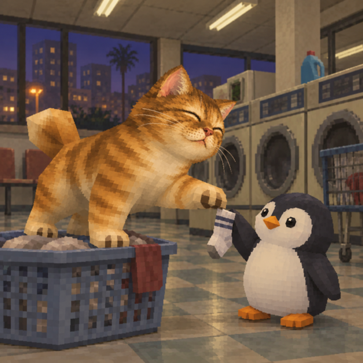 Smiling DOCA in a laundry basket high-fiving a penguin holding a sock at a laundromat.